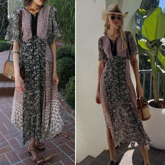 Zara Mixed Print Maxi Dress Floral Flounce Romantic Feminine Asymmetrical Flowy - Picture 2 of 10